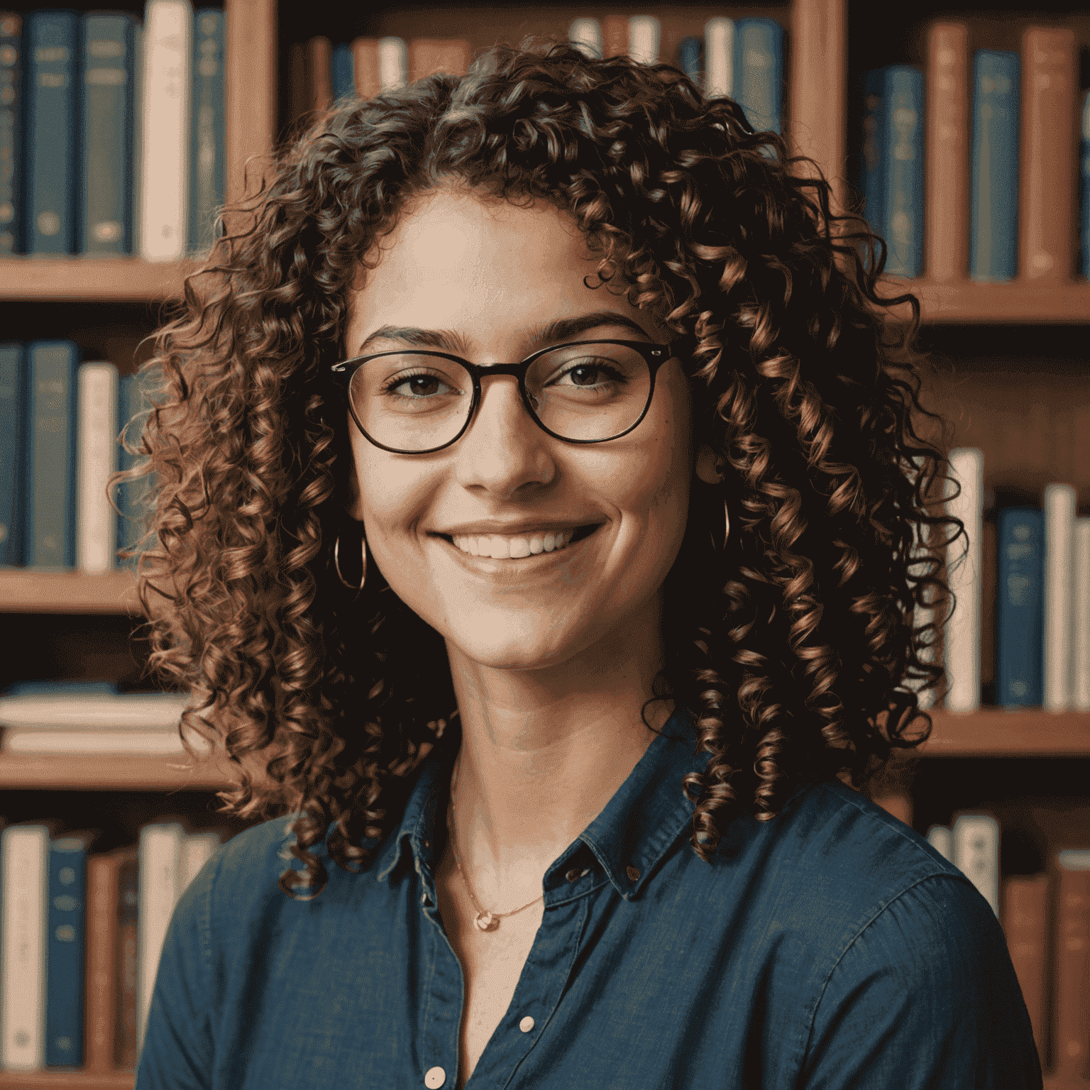 Portrait of Sarah Johnson, a young author with curly hair and glasses, smiling confidently in front of a bookshelf