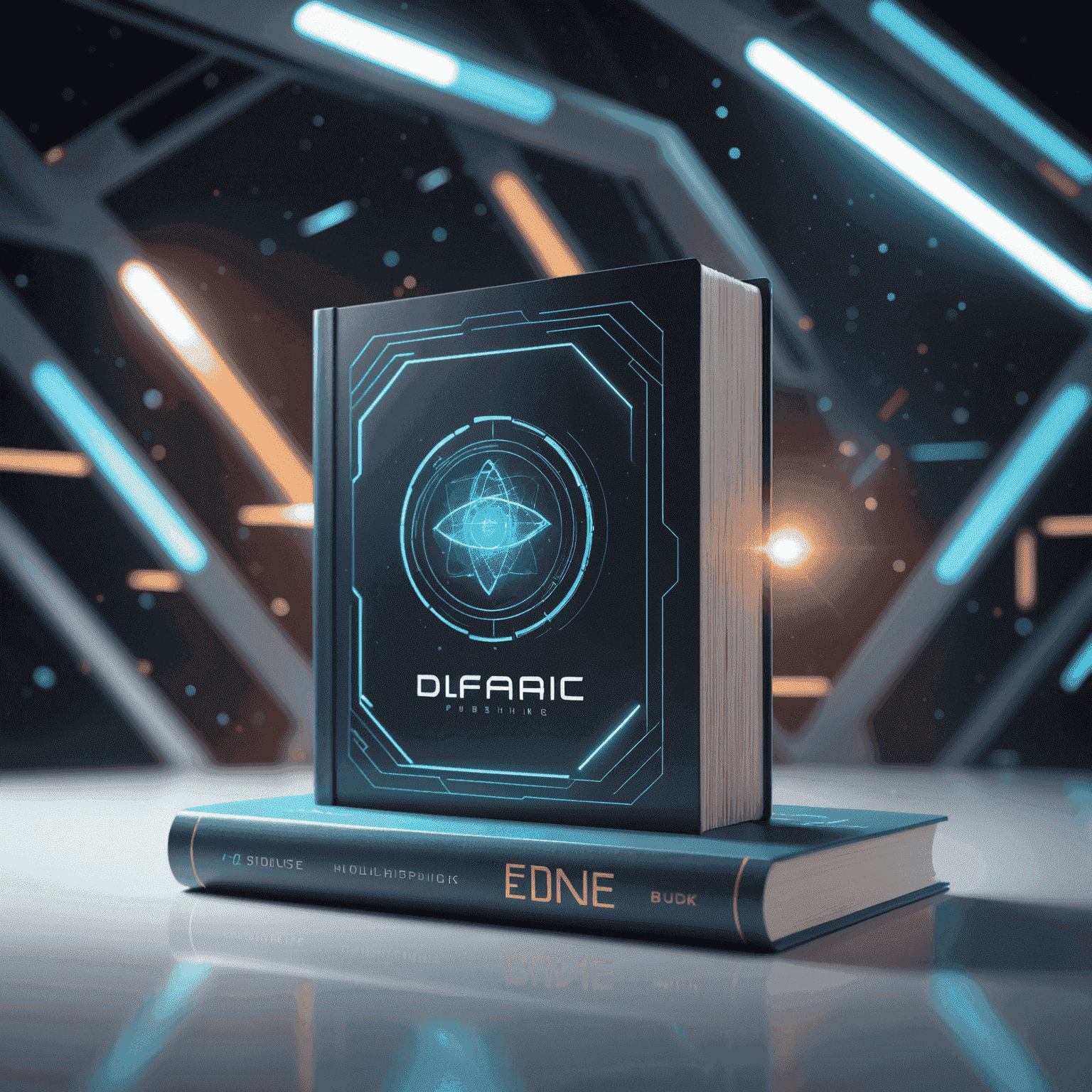 Futuristic publishing concept with holographic books and Dfas logo