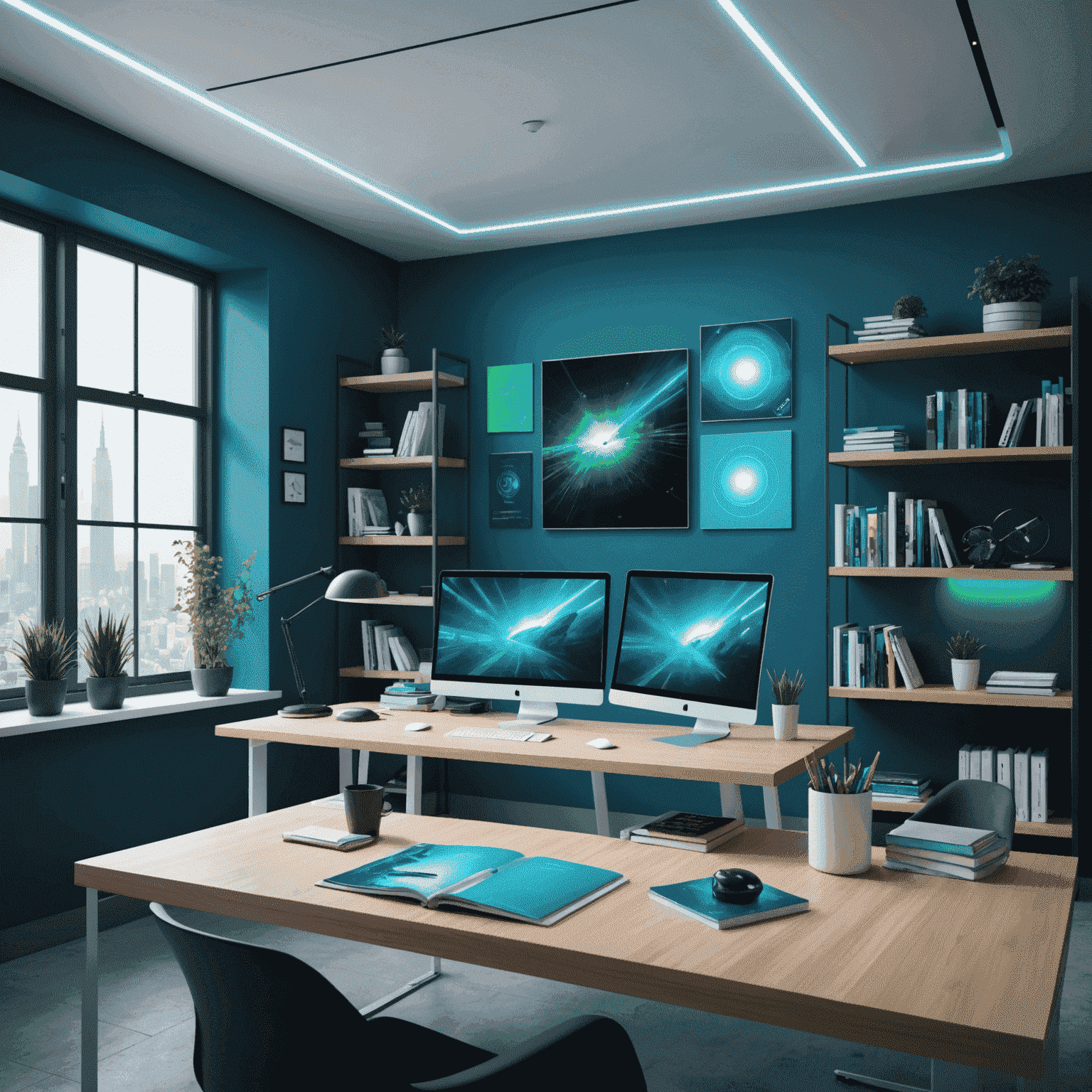 A modern publishing workspace with sleek computers, vibrant blue and green accents, and holographic book covers floating above the desk, showcasing the futuristic approach of Dfas Publishing