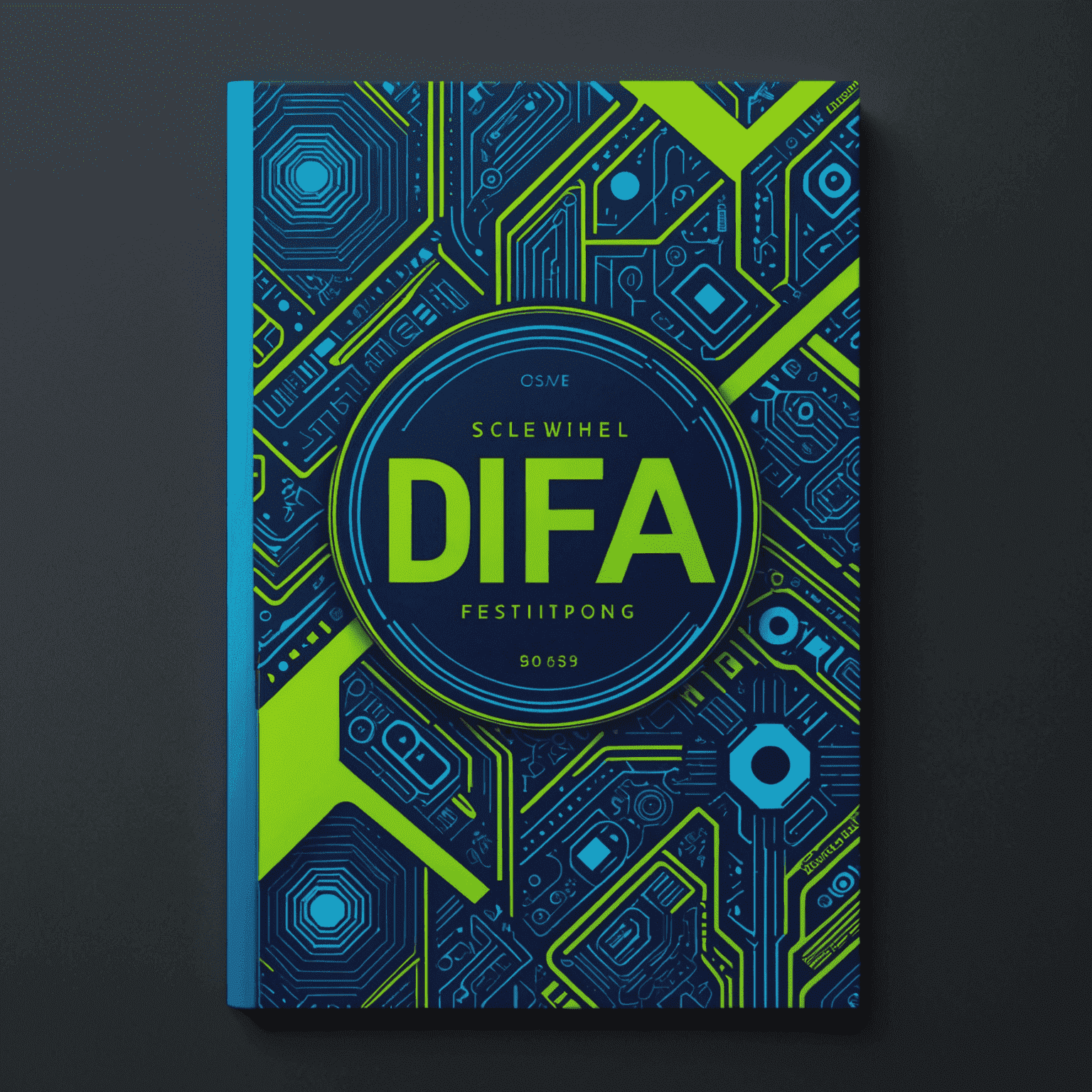 A stylized book cover with vibrant electric blue and neon green elements, showcasing various design possibilities including typography, imagery, and abstract patterns. The image represents the creative process of cover design for Dfas Publishing.