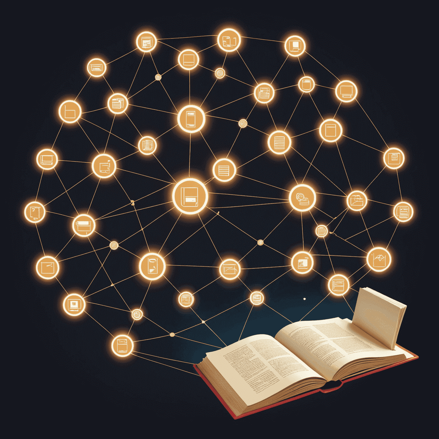 A network of interconnected nodes representing a wide distribution network for books, with icons of bookstores, e-readers, and online platforms connected by glowing lines