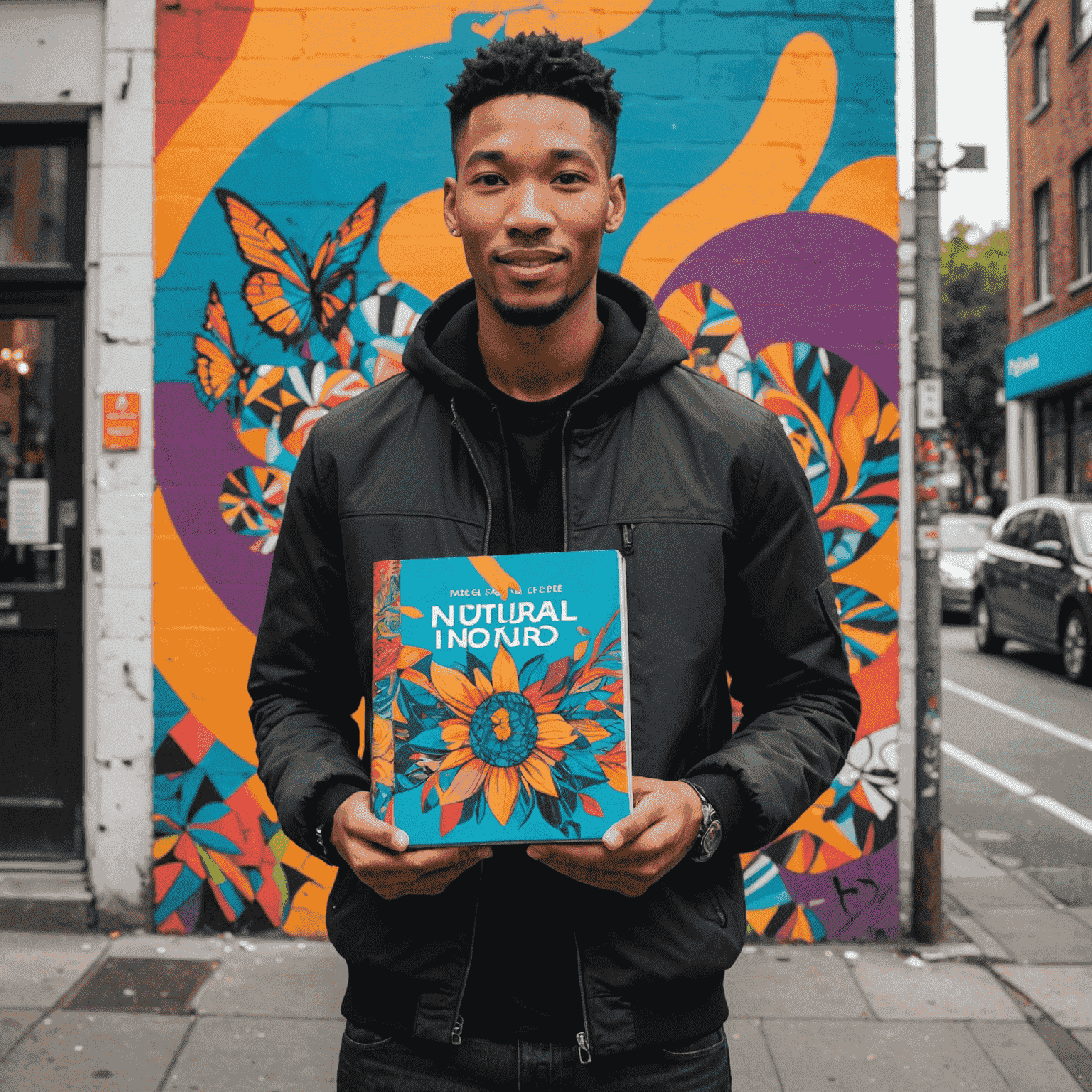 Marcus Lee standing in front of a vibrant street art mural, holding his latest book