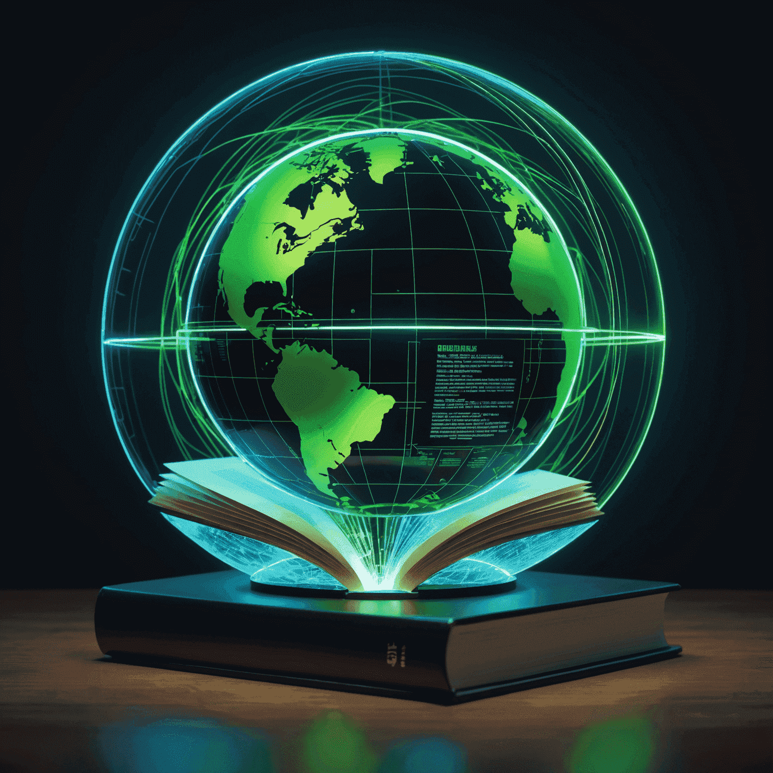 A futuristic holographic display showing various book covers published by Dfas, with neon green and blue light trails connecting them to a globe, representing global distribution