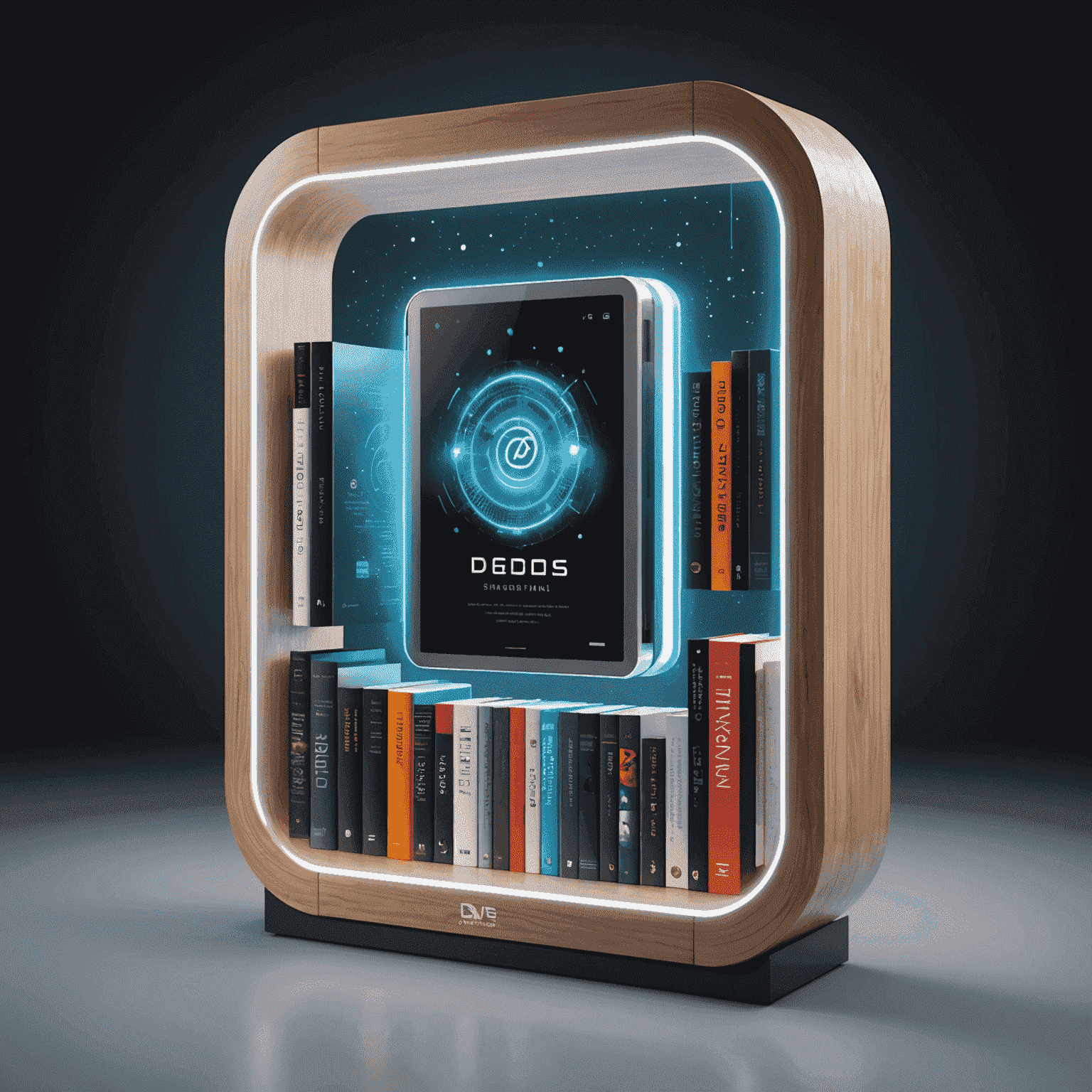 A futuristic digital bookshelf with holographic book covers and Dfas logo, representing the future of publishing