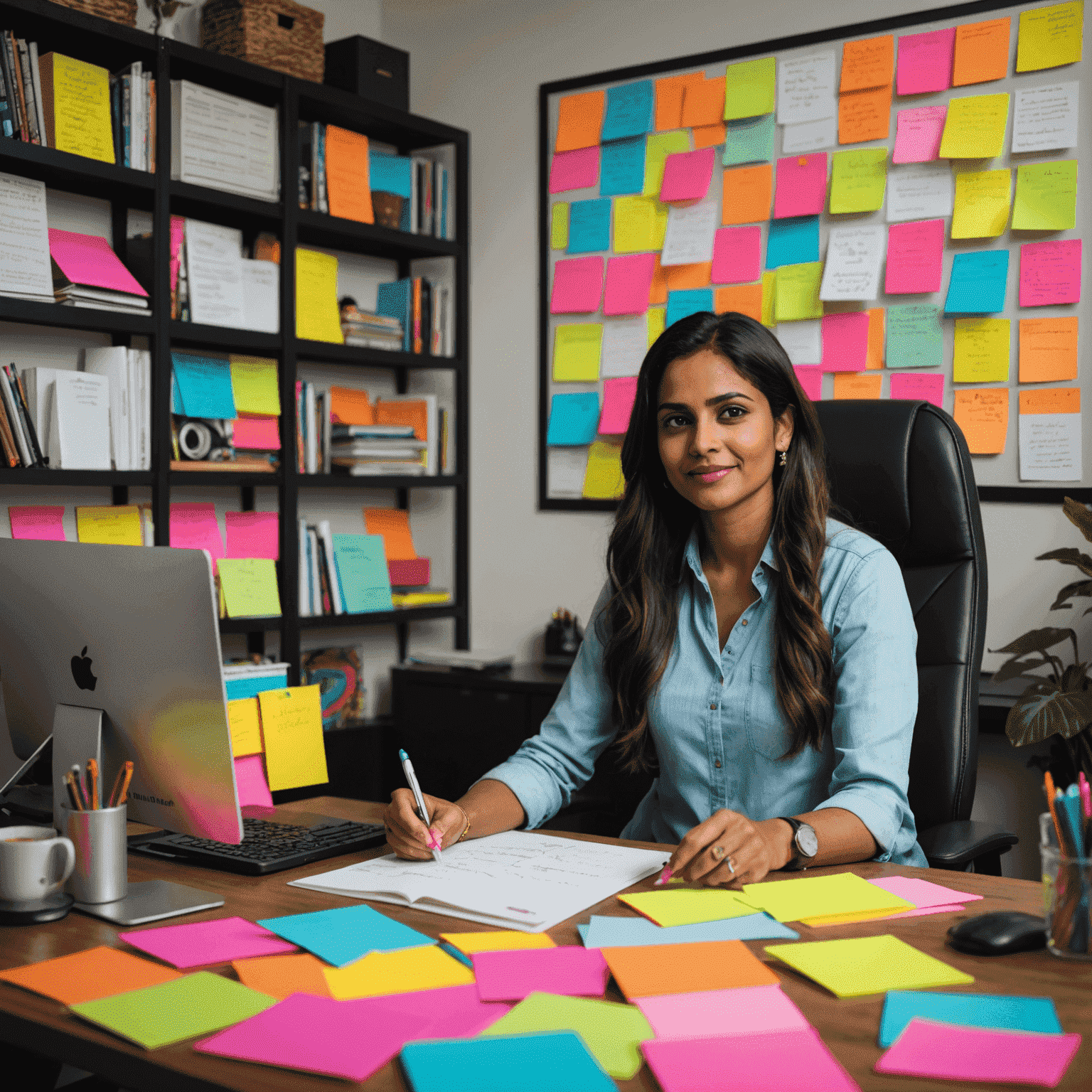 Aisha Patel in her home office, surrounded by colorful sticky notes and a large computer screen displaying her latest manuscript