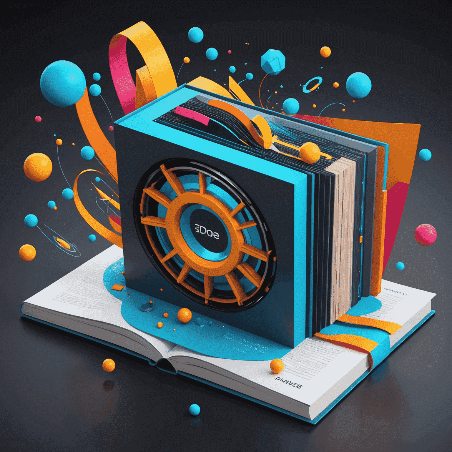 A 3D rendering of a book cover being designed in real-time, with vibrant colors and futuristic elements floating around, showcasing Dfas's innovative cover design process.