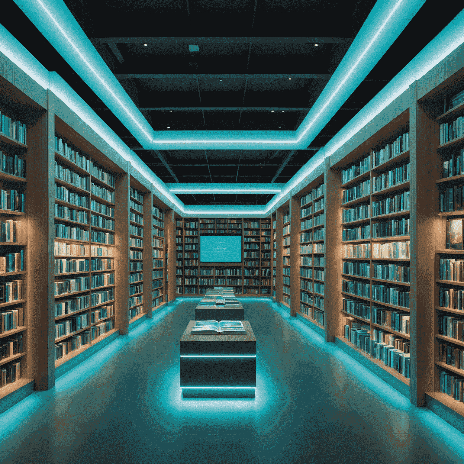 A panoramic view of a sleek, modern library filled with books published by Dfas, featuring holographic displays and readers engaged with both physical and digital books, all bathed in a soft blue and green glow