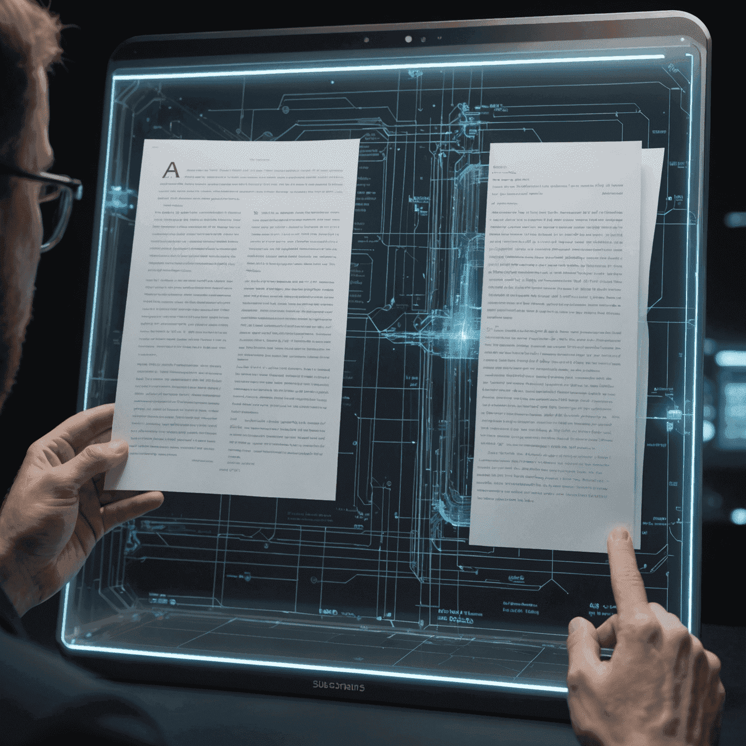 A futuristic holographic display showing a before and after comparison of an edited manuscript page, highlighting improvements and refinements