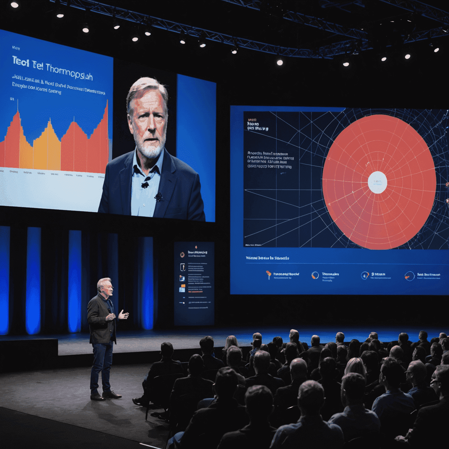 Jack Thompson giving a TED-style talk on a stage with a large screen behind him showing data visualizations