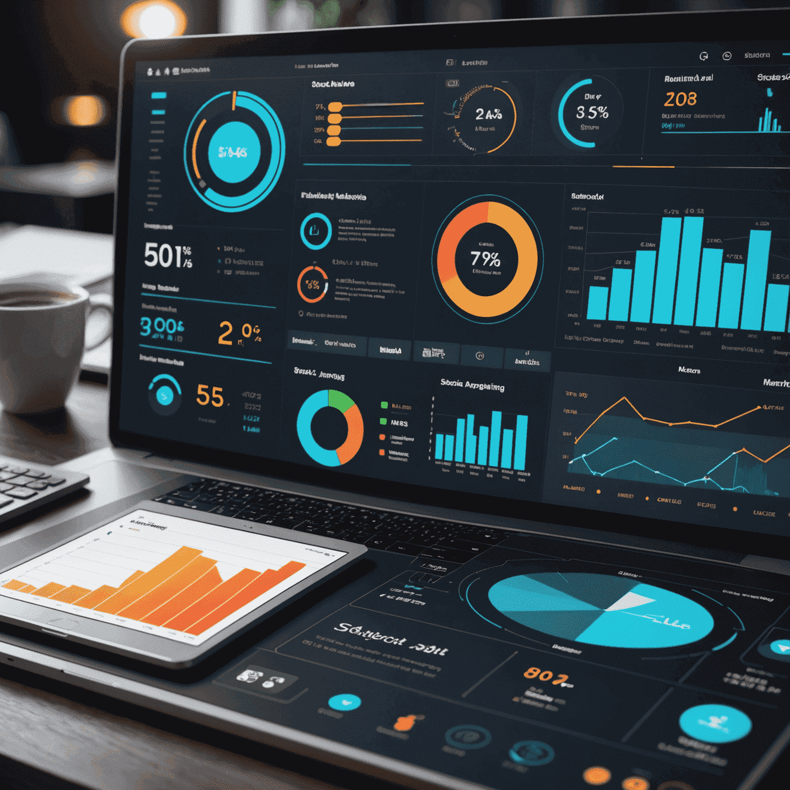 A futuristic marketing dashboard showing real-time analytics, social media engagement, and AI-driven marketing strategies for a Dfas-published book.